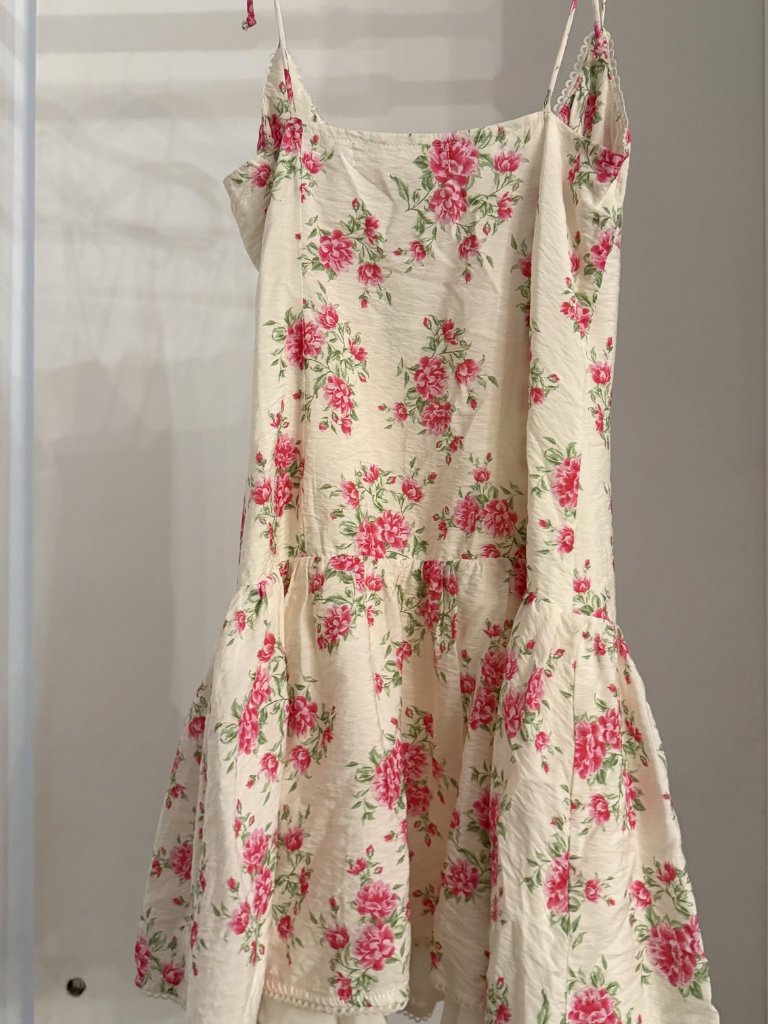 Mure + Grand Cream Pink Rose Floral Tie Strap Ruffle Tiered Mini Dress S — image 2 of 5